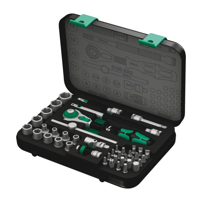 42 dalių terkšlės, galvučių ir antgalių rinkinys WERA 8100 SA 2 Zyklop Speed 1/4″ 1