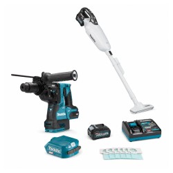 Akumuliatorinio perforatoriaus, akumuliatorinio dulkių siurblio ir USB įkrovimo adapterio komplektas MAKITA HR002+