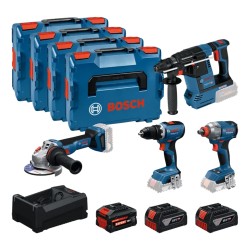 Akumuliatorinių įrankių rinkinys BOSCH GSR+GDX+GBH+GWS
